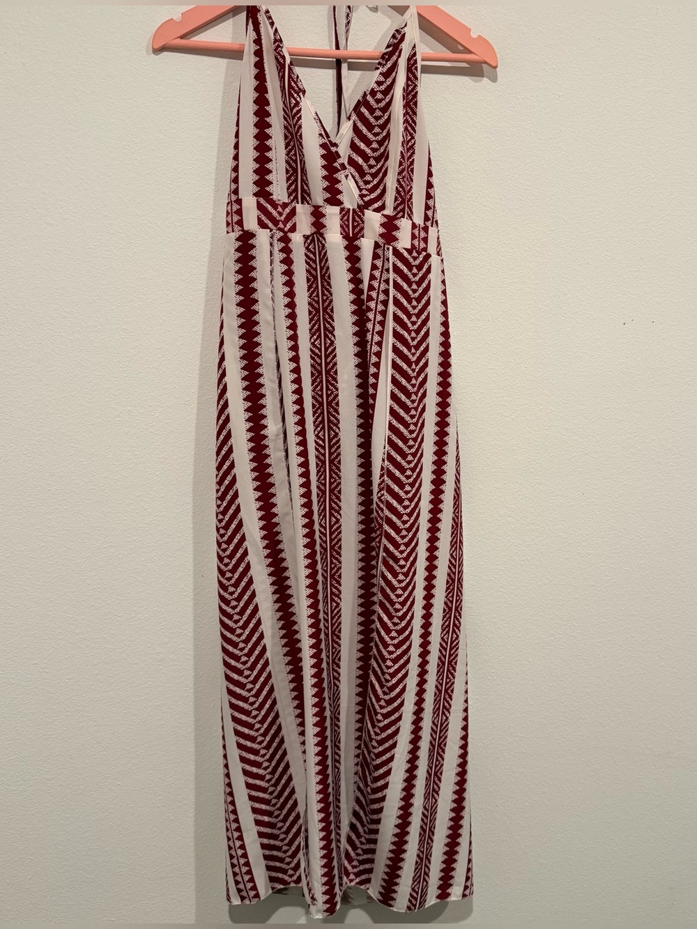 Burgundy Cream Geometric Print Maxi Dress Women’s L Halter Tie Back Boho